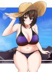  1girl adjusting_clothes adjusting_headwear armorganger bangs bikini blue_sky blush bow bow_bikini breasts brown_eyes brown_hair brown_headwear clear_sky cleavage closed_mouth commentary day frown girls_und_panzer girls_und_panzer_senshadou_daisakusen! halterneck hat highres horizon large_breasts lens_flare looking_at_viewer navel nishizumi_maho official_alternate_costume on_rock outdoors purple_bikini rock short_hair side-tie_bikini sitting sky solo straw_hat sun_hat swimsuit 