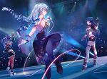  3girls asymmetrical_legwear bad_id bad_pixiv_id bangs black_gloves black_jacket black_shorts bronya_zaychik bronya_zaychik_(drive_kometa) concert dress drill_hair dubian_xiang fingerless_gloves fishnet_legwear fishnets full_body gloves grey_hair highres holding holding_microphone honkai_(series) honkai_impact_3rd jacket kiana_kaslana kiana_kaslana_(divine_prayer) long_hair long_sleeves microphone mismatched_legwear multiple_girls pink_legwear purple_eyes purple_hair raiden_mei raiden_mei_(shadow_dash) red_legwear shoes shorts sleeveless sleeveless_dress sneakers standing thighhighs twin_drills white_footwear white_hair 