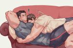  2boys armpits artist_name bara biceps black_hair blush brown_hair couch couple darius_(league_of_legends) face_to_pecs garen_(league_of_legends) hand_on_back highres hug large_pectorals league_of_legends looking_at_viewer lying lying_on_person male_focus multiple_boys muscular muscular_male on_back pants patting pectorals punbun_4fun scar scar_across_eye shirt t-shirt thick_arms thick_thighs thighs track_pants yaoi 