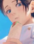  1boy black_hair blue_background blue_eyes chewing closed_mouth food food_on_face gugong_(90_un) holding holding_food jacket jujutsu_kaisen looking_at_viewer male_focus okkotsu_yuuta short_hair solo upper_body white_jacket 
