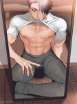  1boy 30_(mitsumaru) abs bara biceps black_eyes black_hair blue_eyes building cellphone clothes_lift dotsuco highres male_focus manly mirror muscular muscular_male navel nipples on_floor original pants pectorals phone reflection room scar scar_on_face selfie shirt shirt_lift sitting socks solo t-shirt thick_arms thick_thighs thighs tight underpec 