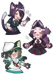  3girls :3 animal_ear_fluff animal_ears animal_hands bangs black_dress blush breasts cat_ears cat_girl cat_tail cropped_legs dress eyepatch fang fangs green_hair hat hime_kake kantai_collection kiso_(kancolle) long_hair long_sleeves middle_finger multiple_girls neckerchief open_mouth pleated_skirt purple_eyes purple_hair sailor_collar school_uniform serafuku short_hair short_sleeves simple_background skirt skull tail tatsuta_(kancolle) tenryuu_(kancolle) tongue tongue_out white_background white_headwear yellow_eyes 