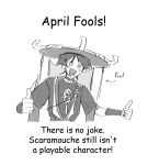  1boy april_fools black_hair english_text genshin_impact hat highres japanese_clothes male_focus monochrome open_mouth scaramouche_(genshin_impact) short_hair simple_background smile solo thumbs_up tragedtea white_background 