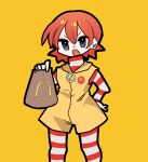  100_percent_orange_juice 1girl bag clown hand_on_hip highres kasumi_koujou looking_at_viewer mcdonald&#039;s nanako_(suguri) open_mouth red_hair romper ronald_mcdonald striped striped_legwear striped_sleeves yellow_background yellow_romper 