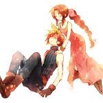  1boy 1girl aerith_gainsborough armor_removed bangs belt blonde_hair blue_pants blue_shirt boots bracelet braid braided_ponytail breasts brown_hair closed_eyes cloud_strife curly_hair dress earrings final_fantasy final_fantasy_vii hands_on_another&#039;s_shoulders jacket jacket_removed jewelry long_dress materia pants parted_bangs pink_dress shirt sidelocks single_earring sitting sleeveless sleeveless_turtleneck smile square_enix takanamushi turtleneck unbuttoned_dress white_background 