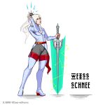  blue_eyes boots el_cuervo greatsword highres moonlight_greatsword ponytail rapier rwby sword thigh_boots thighhighs weapon wedge_heels weiss_schnee white_hair 