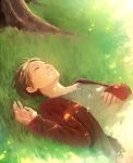  1boy bangs brown_hair brown_jacket closed_eyes eren_yeager grass hand_on_own_stomach jacket lace-up_top lying parted_bangs parted_lips shingeki_no_kyojin short_hair sleeping solo sunlight takanamushi tree upper_body younger 