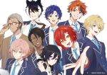  6+boys :d ahoge animal_ears aqua_eyes aragami_oga arurandeisu astel_leda bangs barcode barcode_tattoo beard beckoning black_hair black_nails black_undershirt blazer blonde_hair blue_eyes blue_hair blue_jacket blue_necktie cardigan clenched_hand collared_shirt copyright dark-skinned_male dark_skin earrings facial_hair flower green_eyes grey_hair grin hair_between_eyes hair_flower hair_ornament hair_slicked_back hairclip half_updo hanasaki_miyabi hand_on_eyewear headphones headphones_around_neck heterochromia highres holding holding_headphones holding_paper holding_phone holostars horns jackal_ears jacket jacket_over_shoulder jacket_removed jewelry kageyama_shien kanade_izuru kishido_temma light_smile lightning_bolt_hair_ornament lightning_bolt_symbol looking_at_viewer male_focus mole mole_under_eye multicolored_hair multiple_boys necktie official_art open_collar open_mouth orange_eyes orange_hair outstretched_hand pale_skin paper parted_bangs phone pink_hair purple_eyes red_hair rikka_(holostars) rozu_ki school_uniform sharp_teeth shirt single_earring single_horn smile streaked_hair sweater_vest swept_bangs tattoo teeth upper_body upper_teeth v-shaped_eyebrows white_background white_hair white_shirt yellow_eyes yukoku_roberu 