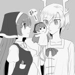  2girls antlers bangs character_doll commentary_request dragon_girl dragon_horns dress greyscale haniyasushin_keiki highres horns kicchou_yachie long_hair magatama magatama_necklace mask_(boring_mask) monochrome multiple_girls puppet shirt short_hair short_sleeves single_strap touhou turtle_shell 