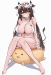  1girl absurdres animal_ears azur_lane bandaid bandaid_on_head barefoot bikini blush breasts brown_hair cleavage commentary cow_ears cow_horns cow_tail criss-cross_halter english_commentary expressionless eyebrows_visible_through_hair flower full_body hair_between_eyes hair_flower hair_ornament hair_ribbon halterneck highres horns kashino_(azur_lane) kashino_(hot_springs_relaxation)_(azur_lane) knees_together_feet_apart lamsass large_breasts long_hair looking_at_viewer manjuu_(azur_lane) navel official_alternate_costume parted_lips purple_eyes ribbon simple_background sitting solo string_bikini swimsuit tail white_background white_bikini white_ribbon wrist_cuffs 