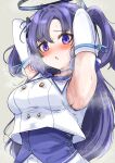  1girl :o armpits arms_up bangs blue_archive blue_choker blush breasts choker commentary_request detached_sleeves grey_background hair_between_eyes hair_ornament halo highres long_hair looking_at_viewer machismo_fuji medium_breasts official_alternate_costume parted_lips purple_eyes purple_hair simple_background solo steam sweat two_side_up upper_body yuuka_(blue_archive) 