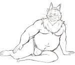  anthro asian_clothing bandanna barefoot black_and_white bulge canid canine clothed clothing east_asian_clothing eyes_closed eyewear feet fox fundoshi glasses japanese_clothing kerchief male mammal monochrome morenatsu musclegut navel simple_background sitting sketch smile solo tetsuya_inoue thegreatmatsutzu topless underwear underwear_only video_games visual_novel white_background 