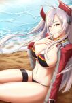  1girl absurdres azur_lane beach bikini black_bikini breasts cleavage highres jacket kang_jian prinz_eugen_(azur_lane) sand swimsuit swimsuit_under_clothes thigh_strap water 