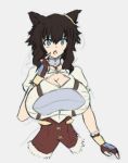  1girl alternate_breast_size alternate_hair_color animal_ears arm_up armor body_armor breastplate breasts brown_fur brown_gloves brown_hair cat_ears cat_girl chest_armor choker cleavage earrings eyebrows_visible_through_hair fingerless_gloves fran_(tensei_shitara_ken_deshita) gloves grey_choker grey_eyes hair_between_eyes hand_up huge_breasts jewelry large_breasts leather leather_gloves looking_at_viewer medium_hair open_mouth osric-gersten puffy_sleeves short_sleeves simple_background solo tensei_shitara_ken_deshita upper_body white_background white_sleeves 