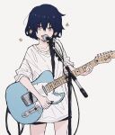  1girl amakawasanaka black_shorts collarbone cowboy_shot dark_blue_hair electric_guitar fender_telecaster flower guitar hair_flower hair_ornament highres instrument looking_at_viewer microphone microphone_stand mizuno_ai music oversized_clothes oversized_shirt playing_instrument shirt short_hair shorts simple_background singing solo white_background white_shirt zombie_land_saga 