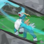  anthro attack boulder cobalion cutting detailed_background digital_media_(artwork) feral fur hi_res horn jonatanm legendary_pok&eacute;mon mammal melee_weapon nintendo open_mouth outside pok&eacute;mon pok&eacute;mon_(species) rock solo sword video_games watermark weapon 