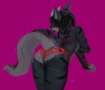  anthro biped black_body black_ears black_fur black_hair black_nose black_tail black_tongue butt clothing fur glistening glistening_nose grey_body grey_fur grey_horn grey_inner_ear grey_tail hair hi_res horn leaning leaning_forward lingerie male open_mouth oselotti presenting presenting_hindquarters raised_tail rear_view red_eyes solo striped_ears tongue tongue_out 