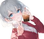  1girl absurdres bangs blue_eyes blush bubble_tea collared_shirt cup disposable_cup drinking_straw dutch_angle grey_hair hair_ornament highres holding holding_cup long_sleeves looking_at_viewer neck_ribbon official_art red_sweater ribbon second-party_source shirt short_hair sidelocks siesta_(tantei_wa_mou_shindeiru) solo sweater tantei_wa_mou_shindeiru tongue umibouzu_(niito) upper_body v white_shirt x_hair_ornament 