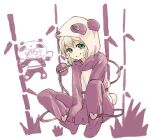  1girl animal_costume bamboo blush closed_mouth commentary_request eyeball full_body green_eyes komeiji_koishi light_green_hair looking_to_the_side panda_costume short_hair simple_background smile solo squatting third_eye touhou wavy_hair white_background yunuki_uta 