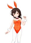  1girl alternate_costume animal_ears bow bowtie braid brown_hair collarbone cowboy_shot detached_collar fake_animal_ears flat_chest highres kantai_collection leotard long_hair nassukun orange_eyes orange_leotard pantyhose playboy_bunny rabbit_ears red_bow red_bowtie single_braid solo souya_(kancolle) standing strapless strapless_leotard white_legwear wrist_cuffs 