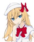  1girl bangs blonde_hair blue_eyes bow bowtie capelet closed_mouth eyebrows_visible_through_hair gin&#039;iro_kyabetsu hat hat_bow lily_white long_hair looking_at_viewer red_bow red_bowtie short_sleeves simple_background smile solo touhou upper_body white_background white_capelet white_headwear 