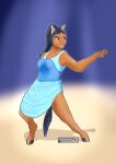  absurd_res anthro blue_clothing blue_eyes breasts brown_body brown_fur clothed clothing dancing dark_hair dress ears_up equid equine feet female fingers fur grin hair hands hi_res hooves horse long_hair mammal simple_background smile solo solo_focus sufficient_gravitas tail 