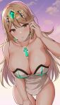  1girl bangs bare_shoulders blonde_hair blush breasts cleavage earrings highres jewelry large_breasts long_hair looking_at_viewer mythra_(radiant_beach)_(xenoblade) mythra_(xenoblade) noeomi one-piece_swimsuit open_mouth sidelocks solo strapless strapless_swimsuit swept_bangs swimsuit thighs tiara white_swimsuit xenoblade_chronicles_(series) xenoblade_chronicles_2 yellow_eyes 