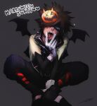  1boy bat_wings blue_eyes brown_hair gloves hair_over_one_eye halloween_costume highres hospital_0434 kingdom_hearts kingdom_hearts_ii male_focus mask mask_on_head mini_wings shaded_face solo sora_(kingdom_hearts) spiked_hair squatting the_nightmare_before_christmas tongue tongue_out white_gloves wings 