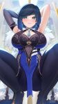  1girl aqua_eyes armpits arms_behind_head artist_name bangs blue_hair blush bob_cut breasts cleavage diagonal_bangs elbow_gloves eyes_visible_through_hair fukuro_ko_(greentea) fur_trim genshin_impact gloves highres large_breasts looking_at_viewer mole mole_on_breast parted_lips short_hair signature single_elbow_glove smile solo squatting tassel tassel_choker twitter_username yelan_(genshin_impact) 