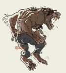  anthro back_hair back_muscles beatriz_rebollo biceps big_teeth body_hair bottomwear canid canine clothing denim denim_clothing feet hairy_arms hi_res jeans male mammal muscular muscular_male nathan_(beatriz) pants solo were werecanid werecanine werewolf 