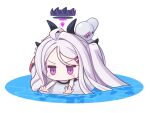  1girl bangs blue_archive blue_swimsuit chibi commentary_request demon_girl demon_horns forehead hair_ornament hairclip hina_(blue_archive) horns lifebuoy long_hair looking_at_viewer purple_eyes ran_system school_swimsuit sidelocks simple_background solo struggling sweat swimming swimsuit white_hair 