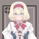  1girl alice_margatroid bangs blue_eyes blue_hair capelet closed_mouth cross-laced_clothes eyebrows_visible_through_hair hairband hbkhk2007 lolita_hairband looking_at_viewer red_hairband short_hair smile solo team_fortress_2 touhou upper_body white_capelet 
