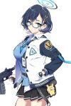  1girl absurdres aqua_eyes black_hair blackheart blue_archive breasts cardigan chihiro_(blue_archive) glasses gun halo hand_in_pocket highres holding holding_gun holding_weapon jacket large_breasts necktie pleated_skirt short_hair skirt watch weapon white_background wristwatch 
