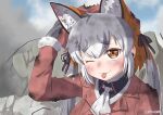  1girl animal_ears fox_ears fox_girl fox_tail gloves highres island_fox_(kemono_friends) kemono_friends kemono_friends_v_project long_hair looking_at_viewer multicolored_hair necktie ribbon shirt shoes silver_hair skirt smile solo taguchi_makoto tail twintails virtual_youtuber 