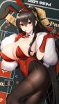  absurdres animal_ears azur_lane black_hair black_legwear breasts casino_card_table chixiao cleavage collar craps_table elbow_gloves finger_to_mouth fur_trim gloves highleg highleg_leotard highres large_breasts leotard lying on_side pantyhose playboy_bunny rabbit_ears rabbit_tail red_eyes red_gloves red_leotard taihou_(azur_lane) tail thighs 