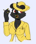  anthro big_breasts black_body black_fur blazer breasts clothing digital_media_(artwork) dress_shirt female five_nights_at_freddy&#039;s flower formal_wear fur hat headgear headwear humanoid lipstick looking_at_another low_res makeup mammal nails nisha_marigold pen_in_pocket pencil_(object) plant red_eyes roommates:motha rose_(flower) scottgames shirt simple_background slightly_chubby solo tagme topwear tuft unknown_artist ursid video_games white_background 