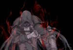  1other ambiguous_gender arizuka_(catacombe) ascot black_background blood blood_on_weapon bloodborne cape closed_mouth coat gloves highres holding holding_weapon hood hood_up hooded_cape long_sleeves open_clothes open_coat solo torn_cape torn_clothes upper_body vest weapon 