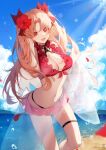  1girl bangs bare_shoulders bikini blonde_hair blue_sky breasts cleavage day earrings ereshkigal_(fate) fate/grand_order fate_(series) flower hair_flower hair_ornament hair_ribbon hibiscus hoop_earrings jewelry long_hair looking_at_viewer medium_breasts open_mouth parted_bangs red_bikini red_eyes red_ribbon ribbon sky smile solo swimsuit tia_(tia_1207) two_side_up 