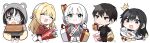  1boy 4girls :3 ^^^ absurdres animal_hood bangs black_hair black_shirt blonde_hair blush_stickers box character_request chibi closed_mouth cookie cup cutting_board eyepatch flying_sweatdrops food gift gift_box hands_on_hips highres hood hoodie kimitsuka_kimihiko long_hair multicolored_hair multiple_girls official_art one_side_up open_mouth party_popper pie saikawa_yui saucer second-party_source shirt shorts siesta_(tantei_wa_mou_shindeiru) smile smug socks tantei_wa_mou_shindeiru teacup tripping umibouzu_(niito) 