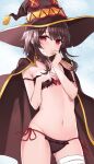  1girl absurdres bandages bikini black_bikini bra_slip cape hat highres kono_subarashii_sekai_ni_shukufuku_wo! looking_at_viewer megumin nervous ruins_(rdns3738) short_hair swimsuit 