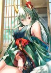  1girl absurdres alternate_costume bangs blurry blurry_background bow breasts cleavage closed_mouth ex-keine eyebrows_behind_hair eyebrows_visible_through_hair floral_print green_hair green_kimono hair_between_eyes highres horn_bow horn_ornament horns japanese_clothes kamishirasawa_keine kimono large_breasts long_hair looking_at_viewer misakura_setsu red_bow red_eyes solo tail touhou 