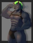  abs anthro biceps black_body black_fur blue_eyes bulge clothing eggplant_nacl flexing fur green_hair hair harness hi_res hyaenid lifewonders male mammal muscular muscular_anthro nyarlathotep_(housamo) pecs solo thong tokyo_afterschool_summoners underwear video_games 