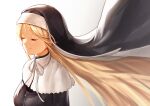  1girl blonde_hair capelet closed_eyes closed_mouth floating_hair highres long_hair neck_ribbon nijisanji nun ribbon sister_cleaire smile solo spica_(starlitworks) upper_body veil very_long_hair virtual_youtuber white_capelet white_ribbon 