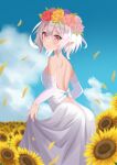  1girl backless_dress backless_outfit bangs blue_sky blush cloud detached_sleeves dress eyebrows_visible_through_hair field flower flower_field from_side grin hair_between_eyes hair_flower hair_ornament head_wreath highres kokkoro_(princess_connect!) leaning_forward long_sleeves looking_at_viewer medium_hair outdoors petals pointy_ears princess_connect! red_eyes red_flower red_rose rose shoulder_blades silver_hair skirt_hold sky sleeveless sleeveless_dress smile solo standing sunflower the_des_alizes white_dress white_flower white_rose white_sleeves yellow_flower yellow_rose 