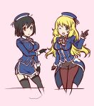  2girls ;d atago_(kancolle) black_gloves black_hair black_legwear blonde_hair breasts contrapposto cropped_legs futaba_masumi gloves green_eyes kantai_collection large_breasts long_hair looking_at_viewer multiple_girls one_eye_closed pantyhose pink_background red_eyes short_hair smile takao_(kancolle) thighhighs thighs 