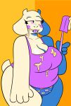  anthro batter big_breasts blush bovid breast_squish breasts caprine chubby_female clothing duskcy female goat hi_res huge_breasts mammal orange_background panties shirt simple_background smile solo spatula squish tank_top thick_thighs tongue tools topwear toriel undertale_(series) underwear 