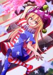  1girl american_flag_dress american_flag_pants aospanking arm_up bangs blonde_hair clownpiece dress eyebrows_visible_through_hair fire hair_between_eyes hand_up hat highres holding holding_torch jester_cap leg_up long_hair neck_ruff no_shoes open_mouth pants pink_eyes pink_fire pink_headwear polka_dot short_sleeves smile solo standing standing_on_one_leg star_(symbol) star_print striped striped_dress striped_pants torch touhou 