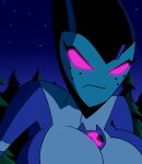  alien alien_humanoid ben_10 big_breasts blue_body blue_skin breasts cartoon_network female freckles gwen_10 huge_breasts humanoid juanp1arts kineceleran night not_furry omnitrix pink_eyes solo solo_focus xlr8 