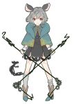  1girl animal_ears basket capelet dowsing_rod dress full_body grey_dress grey_hair highres jewelry long_sleeves looking_at_viewer mouse_ears mouse_tail nanasuou nazrin necklace pendant red_eyes short_hair simple_background socks solo standing tail touhou white_background 