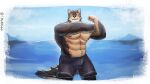  abs anthro biceps blush bottomwear brown_body brown_fur bulge canid canine canis clothing domestic_dog eyebrows flexing fur hi_res huto_futon lifewonders live-a-hero male mammal muscular muscular_anthro muscular_male nipples partially_submerged pecs pubraseer shorts solo swimwear thick_eyebrows video_games water 